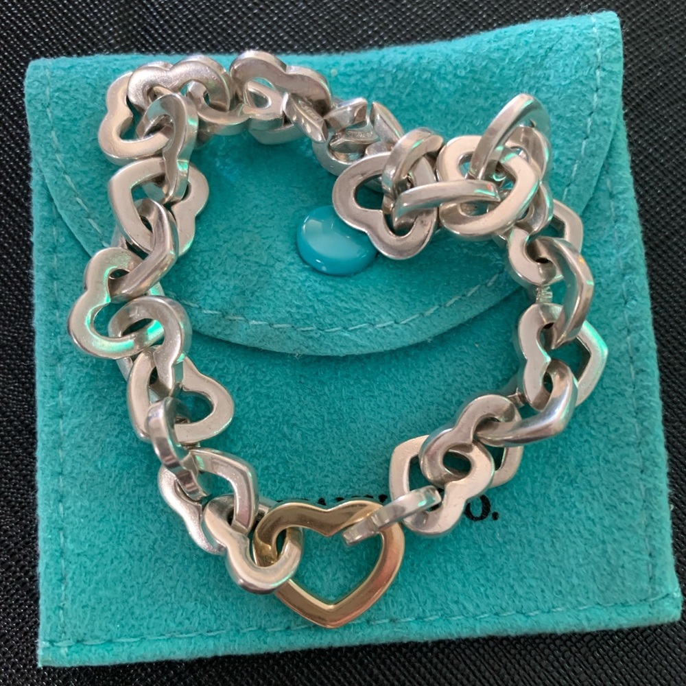 Tiffany silver and gold heart link bracelet. - Picture 1 of 8